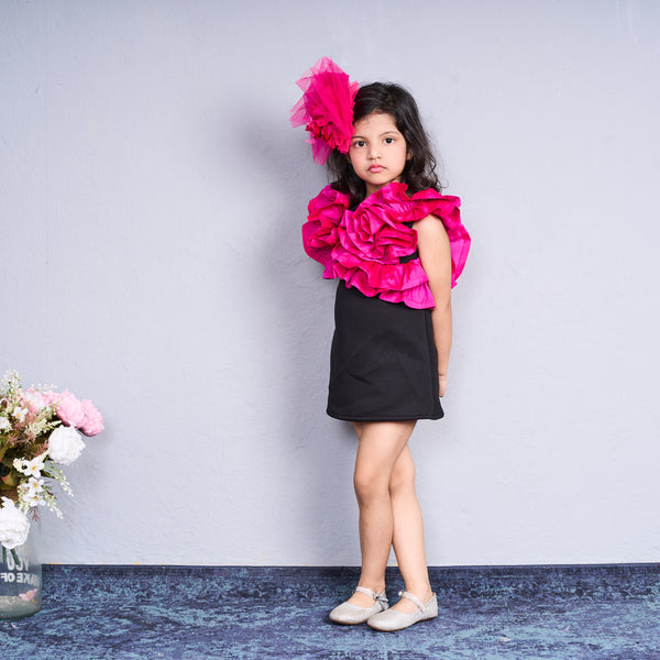 Trendy white dress with bold pink ruffles