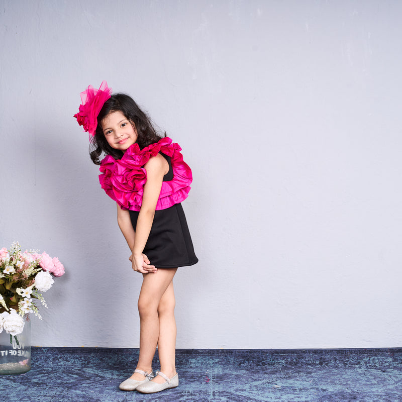 Trendy white dress with bold pink ruffles