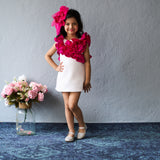 Trendy white dress with bold pink ruffles