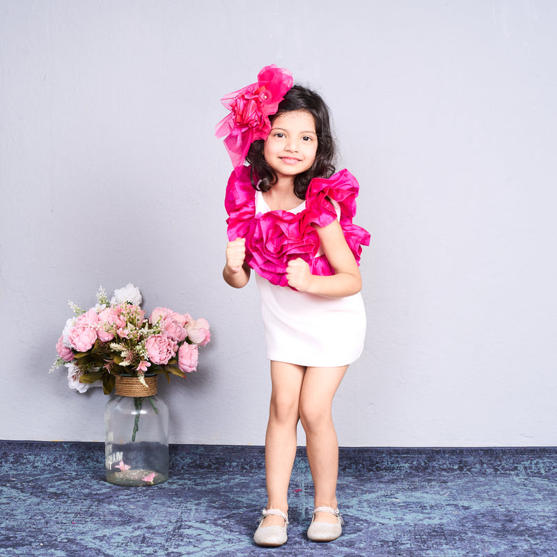 Trendy white dress with bold pink ruffles