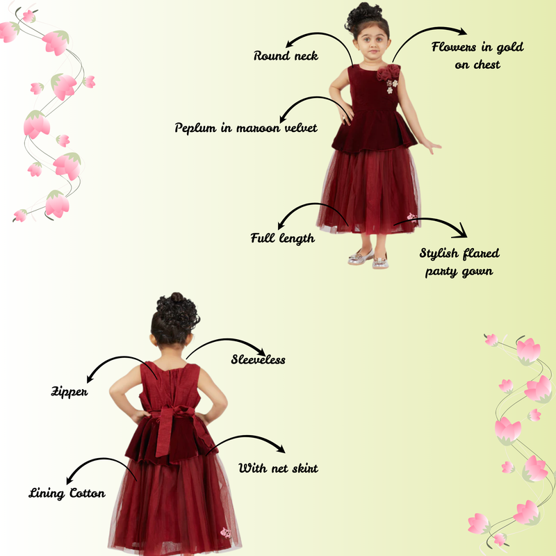 Maroon Velvet Gown with Floral Embellishments