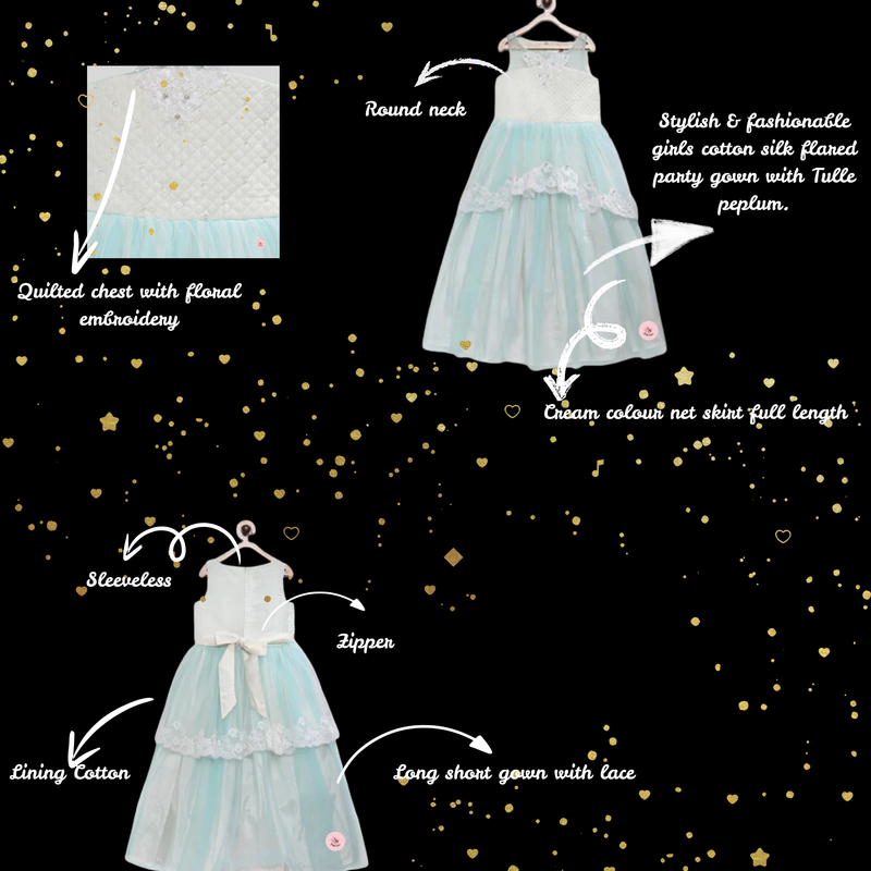Aqua blue princess gown with lace and flowers