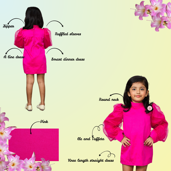Ruffled sleeves straight Pink Tafeta dress