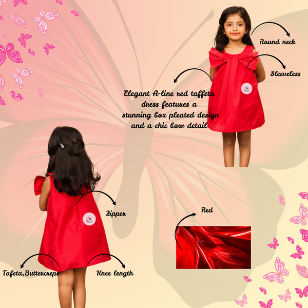 Elegant A-Line Red Taffeta Dress with Box Pleats & Bow