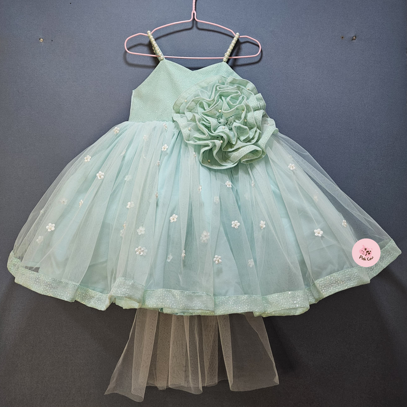 LIGHT BLUE SHIMMER NET WITH BIG FLOWER DRESS