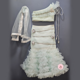 MINT GREEN RUFFLED SKIRT SET WITH ONE SHOULDER STRAP