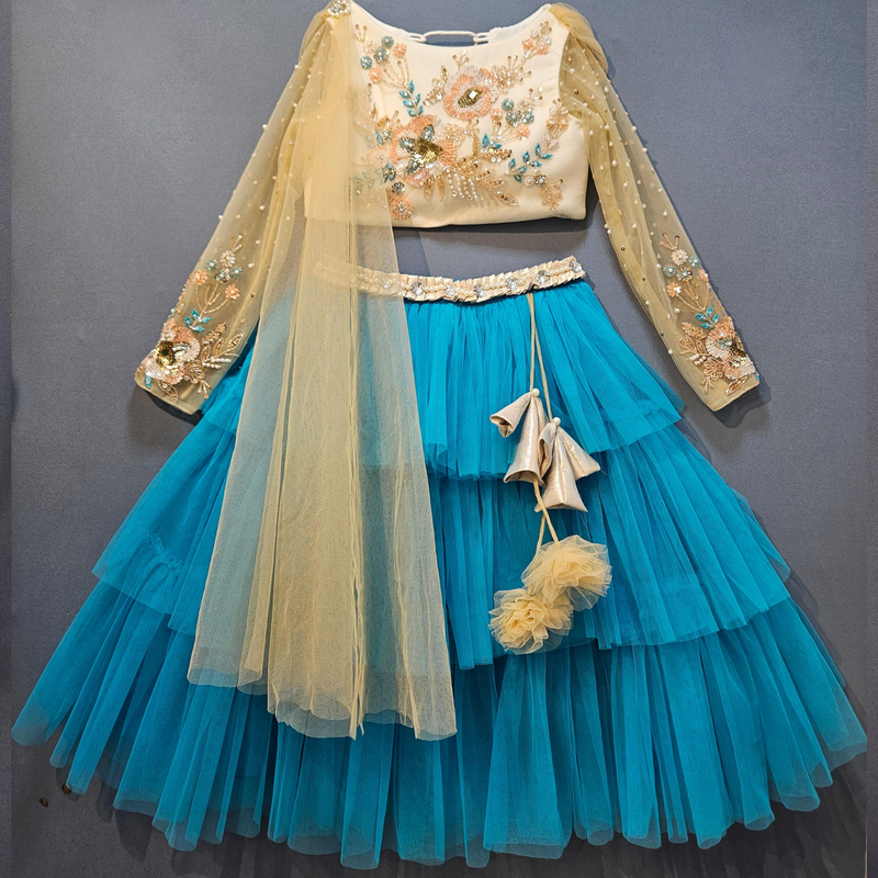 BLUE TIERED LEHENGA WITH EMBROIDERED BLOUSE