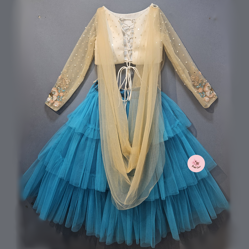 BLUE TIERED LEHENGA WITH EMBROIDERED BLOUSE