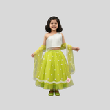STYLISH ONE SHOULDER TOP WITH SEQUINS LACE WORK LEHENGA WITH ABLA AND THREAD WORK AND NET DUPATTA WITH LACE WORK