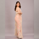 pastel peach net saree with intricate ivory floral embroidery and a matching sleeveless blouse