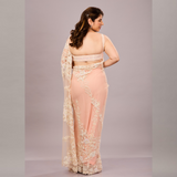 pastel peach net saree with intricate ivory floral embroidery and a matching sleeveless blouse