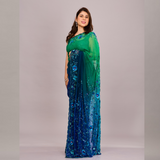 A vibrant green and blue embroidered saree with floral embellishments and sheer fabric