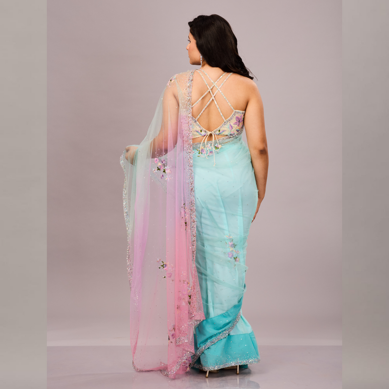 A pastel blue and pink net saree with delicate floral embroidery, paired with a matching embroidered blouse.
