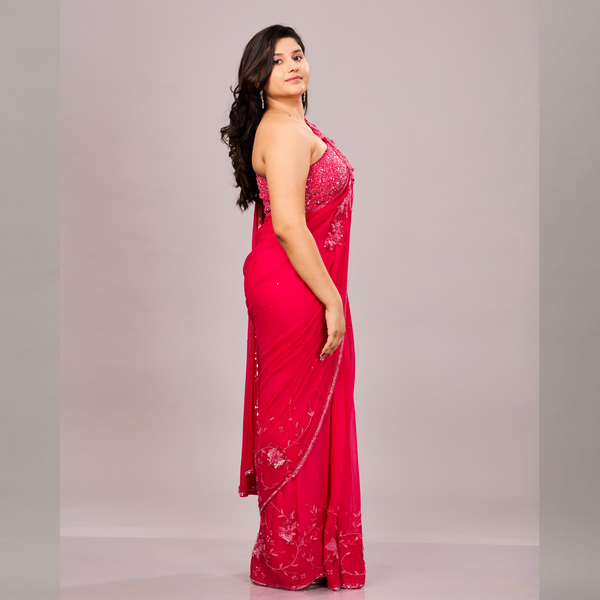 vibrant pink, one-shoulder saree with intricate sequin and floral embroidery