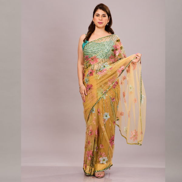 beautiful saree with pink and blue floral embroidery and a sheer, embroidered pallu