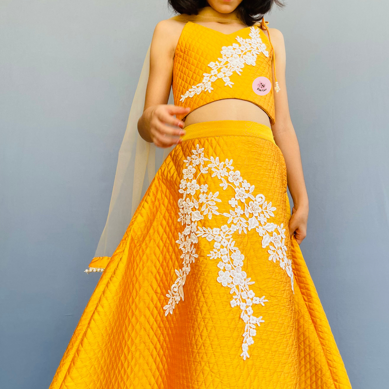 Elegant Yellow Taffeta Lehenga Choli with Intricate White Lace Embroidery