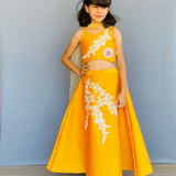 Elegant Yellow Taffeta Lehenga Choli with Intricate White Lace Embroidery