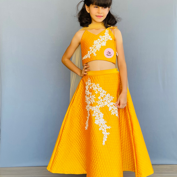 Elegant Yellow Taffeta Lehenga Choli with Intricate White Lace Embroidery
