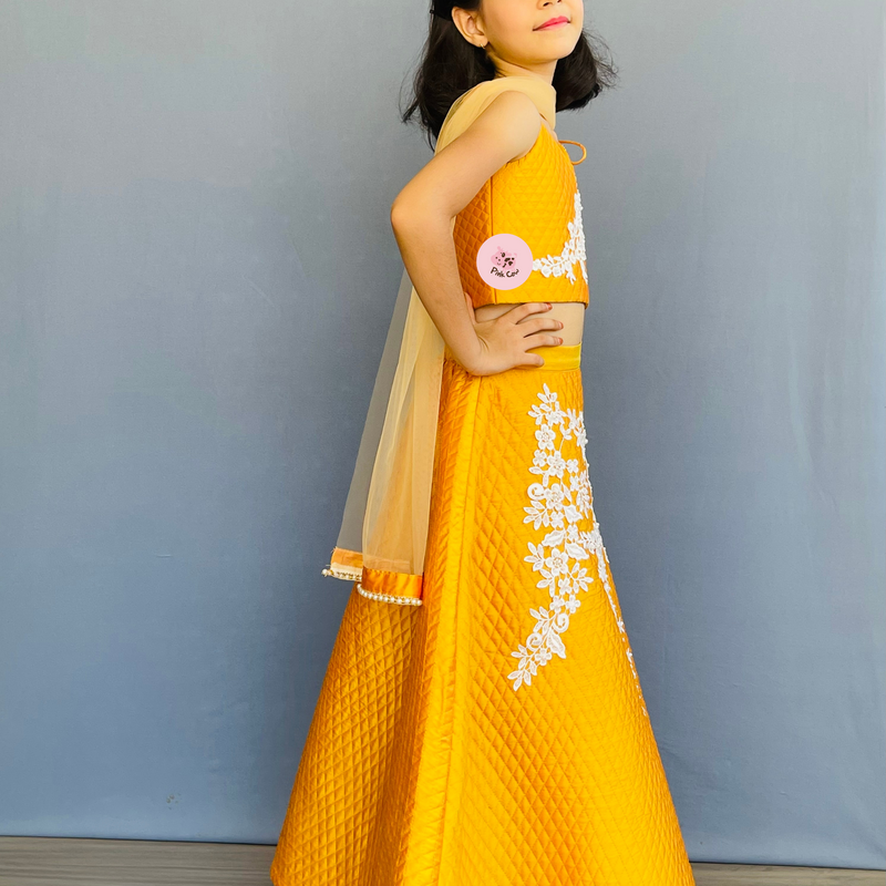 Elegant Yellow Taffeta Lehenga Choli with Intricate White Lace Embroidery