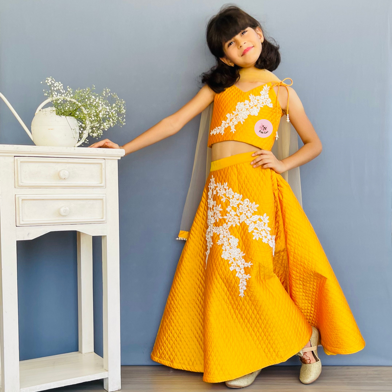 Elegant Yellow Taffeta Lehenga Choli with Intricate White Lace Embroidery