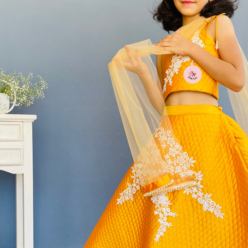 Elegant Yellow Taffeta Lehenga Choli with Intricate White Lace Embroidery