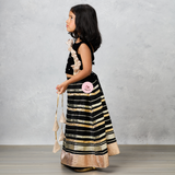 Black Velvet Choli with Gold Frilled Dupatta & Gota Work Skirt