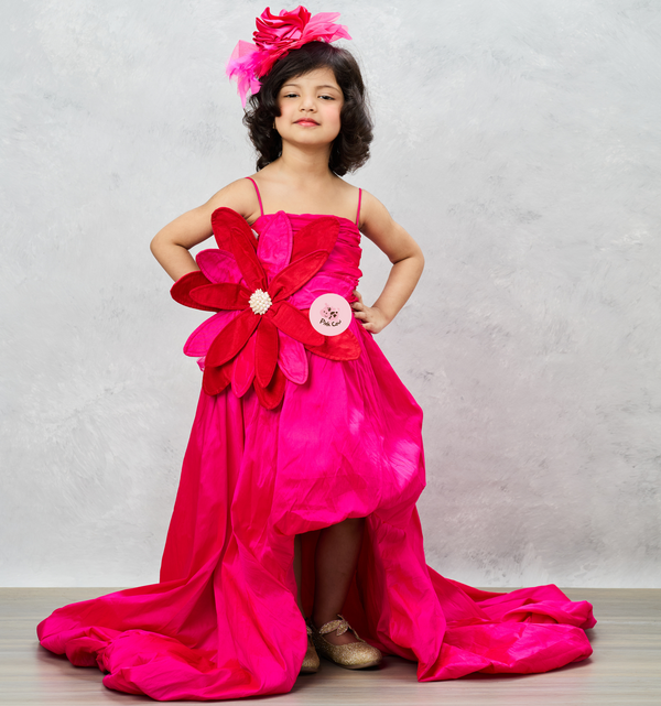 Pink Ruffled Gown With Floral Applique