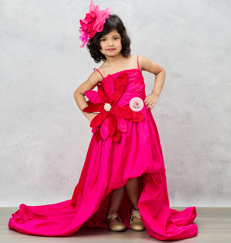 Pink Ruffled Gown With Floral Applique