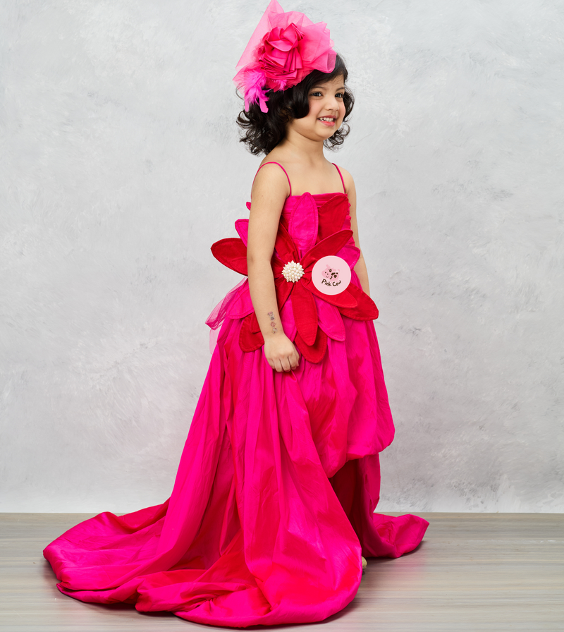 Pink Ruffled Gown With Floral Applique