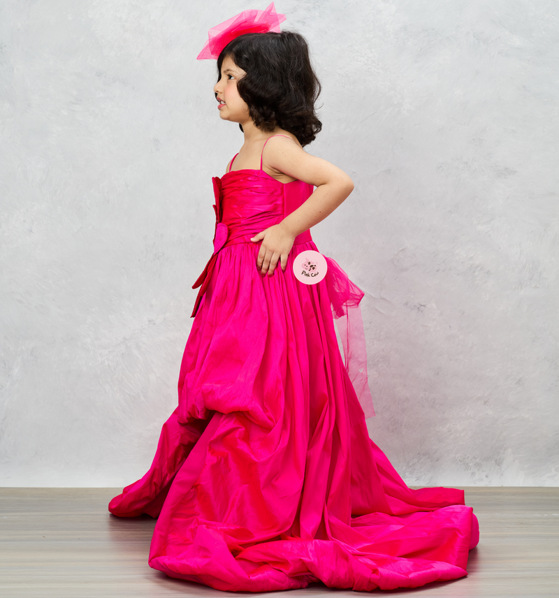 Pink Ruffled Gown With Floral Applique