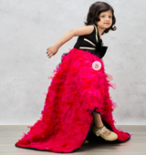 Pink Ruffle Ghera High-Low Gown with Lace-Embellished Black Top and Bow