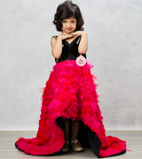 Pink Ruffle Ghera High-Low Gown with Lace-Embellished Black Top and Bow