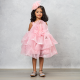 Organza Flower Embellished Yoke Peach Dress