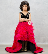 Pink Ruffle Ghera High-Low Gown with Lace-Embellished Black Top and Bow