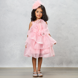 Organza Flower Embellished Yoke Peach Dress