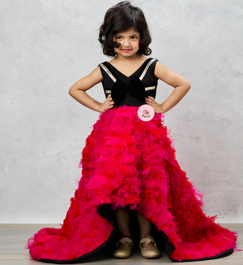 Pink Ruffle Ghera High-Low Gown with Lace-Embellished Black Top and Bow