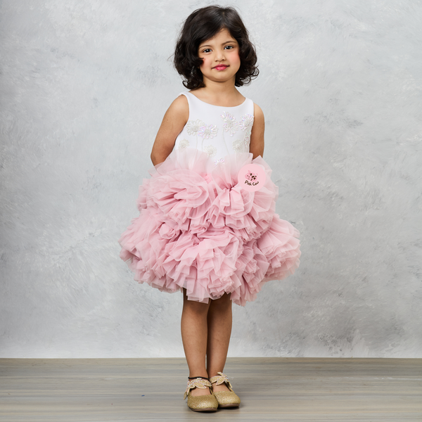 Sequins work ruffled dress with big flowers