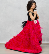 Pink Ruffle Ghera High-Low Gown with Lace-Embellished Black Top and Bow