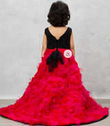 Pink Ruffle Ghera High-Low Gown with Lace-Embellished Black Top and Bow