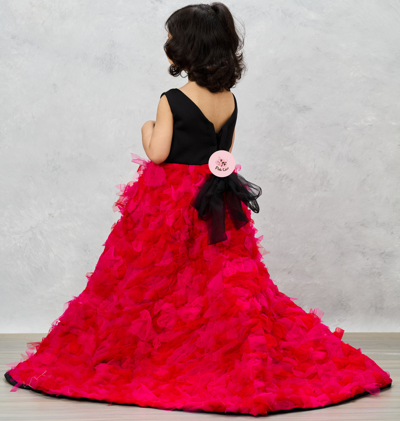 Pink Ruffle Ghera High-Low Gown with Lace-Embellished Black Top and Bow