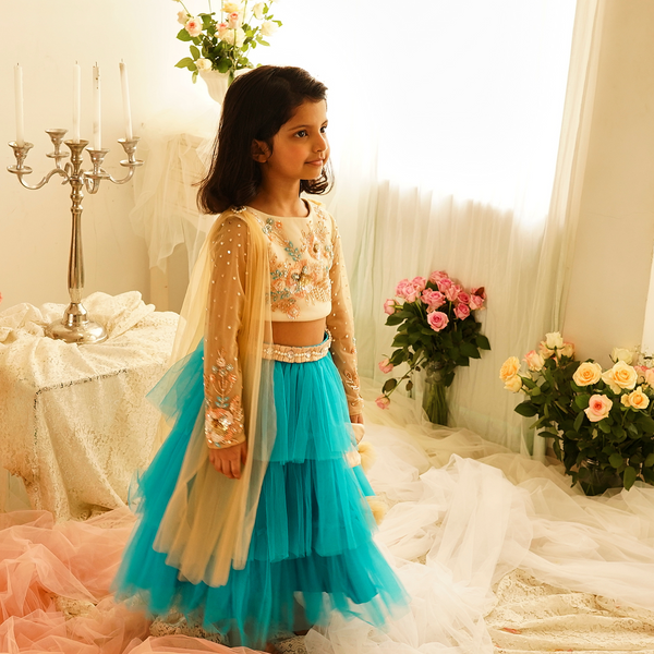 BLUE TIERED LEHENGA WITH EMBROIDERED BLOUSE