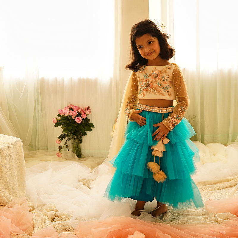BLUE TIERED LEHENGA WITH EMBROIDERED BLOUSE