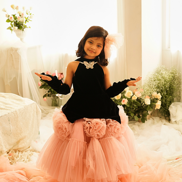 Butterfly Bloom Party Gown – Blush, Yellow & Hot Pink