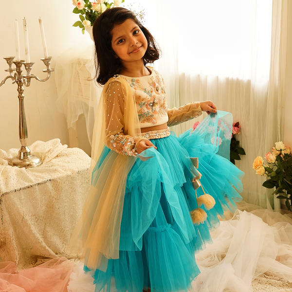 BLUE TIERED LEHENGA WITH EMBROIDERED BLOUSE
