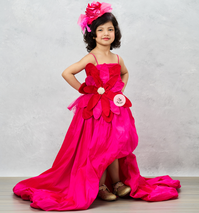 Pink Ruffled Gown With Floral Applique