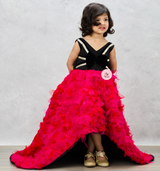 Pink Ruffle Ghera High-Low Gown with Lace-Embellished Black Top and Bow