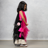 Checks Embroidered Dual Tone Top And Contrasting Tassels Enhanced Black Lehenga With Stylish Net Dupatta.