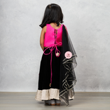 Checks Embroidered Dual Tone Top And Contrasting Tassels Enhanced Black Lehenga With Stylish Net Dupatta.