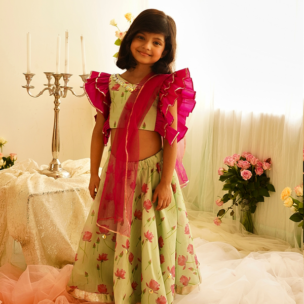 PINK TAFETA FRILL WITH LOTUS CHANDERI