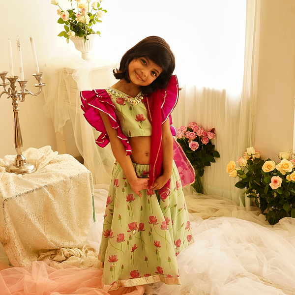 PINK TAFETA FRILL WITH LOTUS CHANDERI